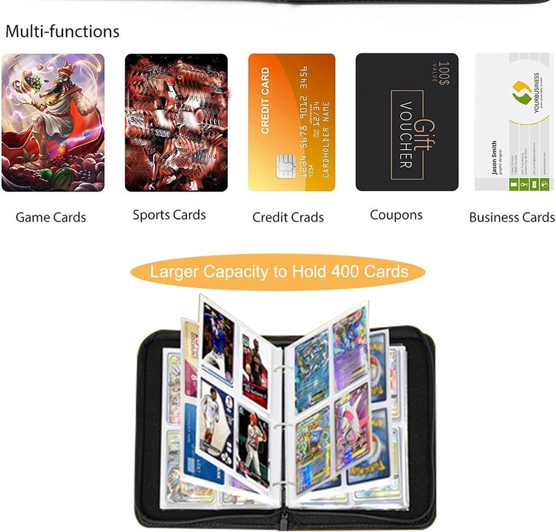 fweel 4-Pocket Trading Card Binder with Zipper, 400 Card Holder Album, PU Leather Card Collection Book, Fits Standard Size Trading Cards, Sports Cards & Game Cards - Image 3